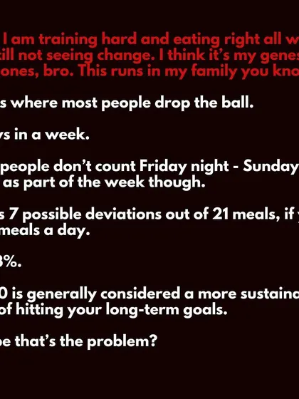 Still blaming your genes or hormones? The problem is your weekend. You don't count Friday night to Sunday night, but your body does. That's 33% of your meals. The 80-20 rule is for sustainability, not for going wild every weekend.