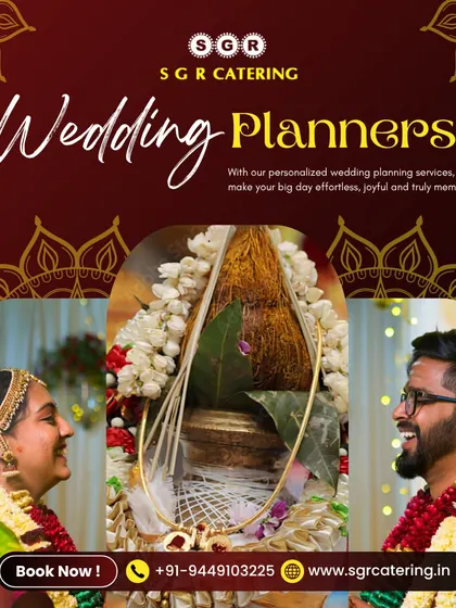 A smiling couple and a close-up of the sacred coconut (kalash) used in Hindu rituals. With our personalized wedding planning services, we make your big day effortless and joyful.