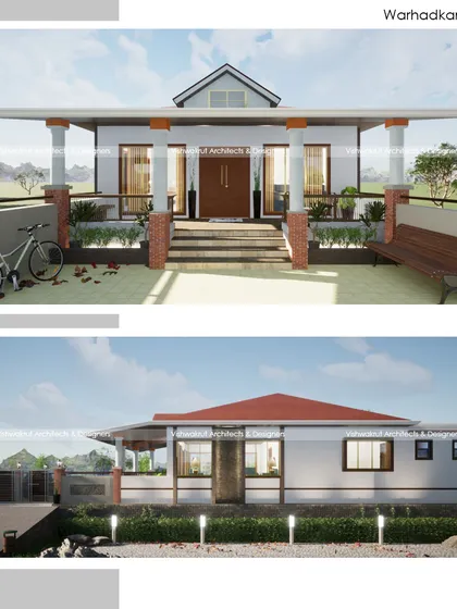 A collage showing two elevation options for the 'Warhadkar's House' in Kudal. This demonstrates our process of working with clients to finalize the perfect exterior look.