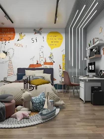 A fun, interactive-looking bedroom with doodle-style wallpaper and a mix of bright colors. The design includes a desk and plenty of floor space for play.