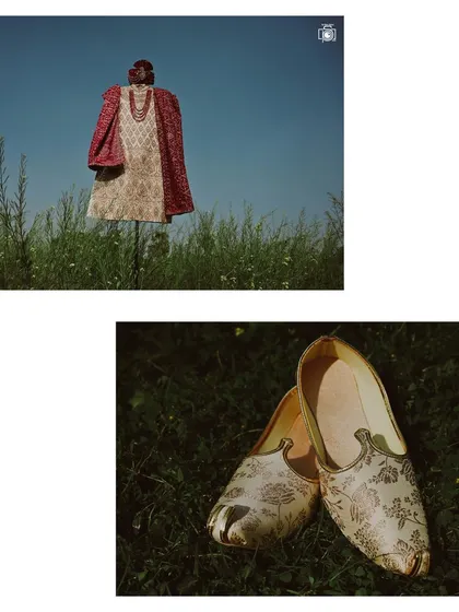 Your wedding attire deserves its own spotlight. I create artistic shots of the groom's sherwani and jutti, using natural light and outdoor settings to showcase the craftsmanship and style before the main event begins.