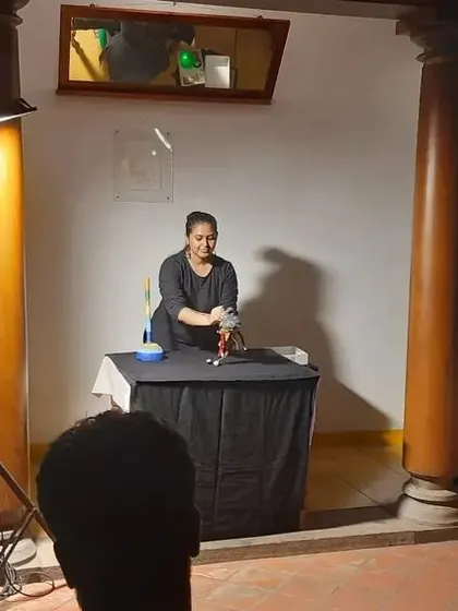 Our puppeteer captivating the audience during a solo show. Even a simple setup can create a powerful storytelling moment.