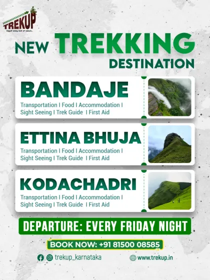 Announcing my new trekking destinations: Bandaje, Ettina Bhuja, and Kodachadri, with departures every Friday night from Bangalore.