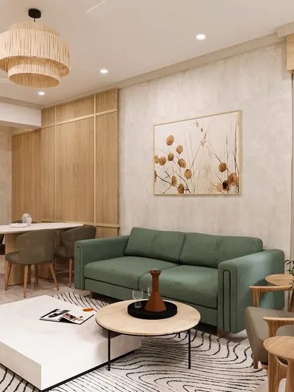 Another angle of the Japandi-influenced living room, showing the balance of simplicity, warmth, and understated elegance that makes the space feel open and calm.