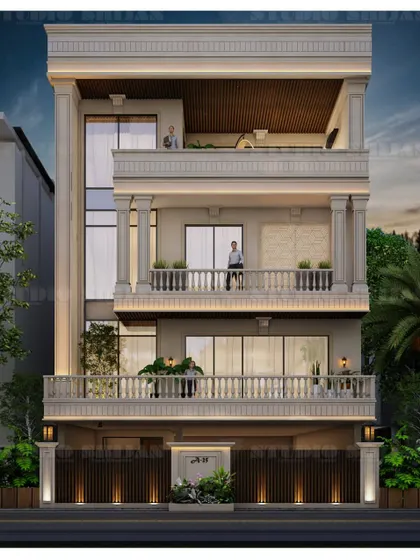 A 3D design for a residence featuring classical columns and balustrades. Our goal was to blend traditional grandeur with modern living, as shown in this detailed render.
