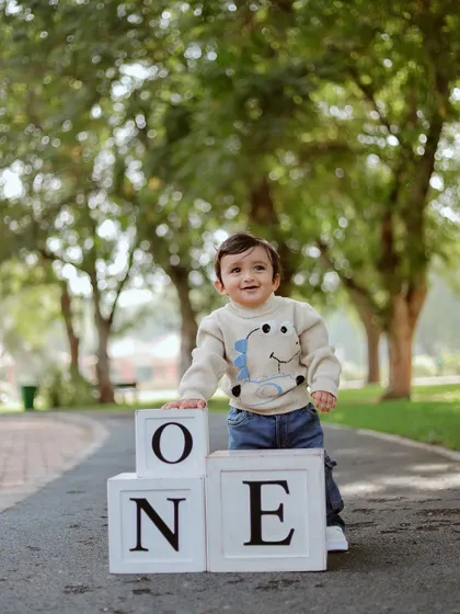 A classic outdoor first birthday photo with 'ONE' blocks in a park setting.