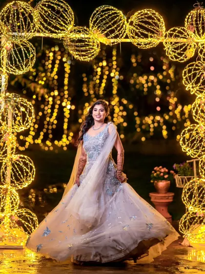 Every bride deserves to feel like she's in a fairytale. Using a backdrop of beautiful string lights, we created this magical bridal portrait that feels dreamy and full of sparkle, perfect for a sangeet night.