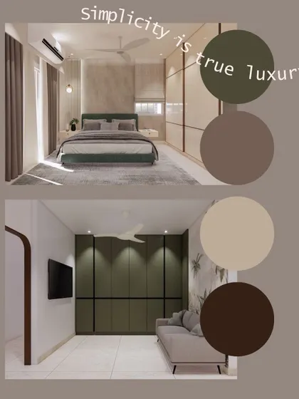 This mood board and render combination shows our design direction for a 3BHK apartment, focusing on warm, earthy tones and simple, clean lines to create a home that feels luxurious yet comfortable.