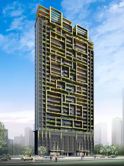 We designed this high-rise with a striking facade that integrates nature into urban luxury living. The intricate geometric patterns, gold-accented frames, and vertical gardens create a dynamic visual rhythm and a refreshing environment for residents.