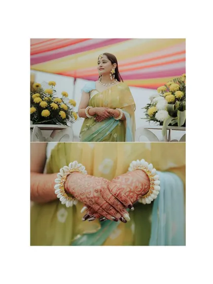 A diptych of the bride on her Haldi day, showcasing her floral jewelry and her beautiful, serene expression.