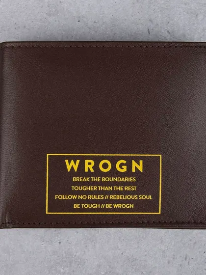 A front-facing shot of the dark brown 'WROGN' wallet.
