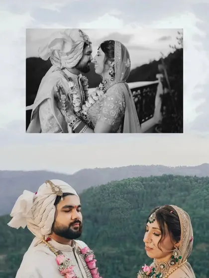 A collage that pairs an intimate black-and-white couple portrait with a color shot of them against the vast, serene mountain range.