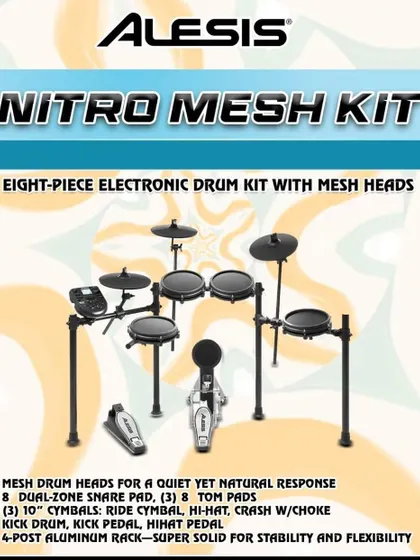 The Alesis Nitro Mesh Kit, an eight-piece electronic drum set with mesh heads for a quiet and natural response. It includes a dual-zone snare pad and a 4-post aluminum rack.
