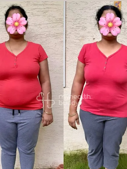 Front view of her transformation. She learned to follow a practical and sustainable diet plan without feeling deprived.