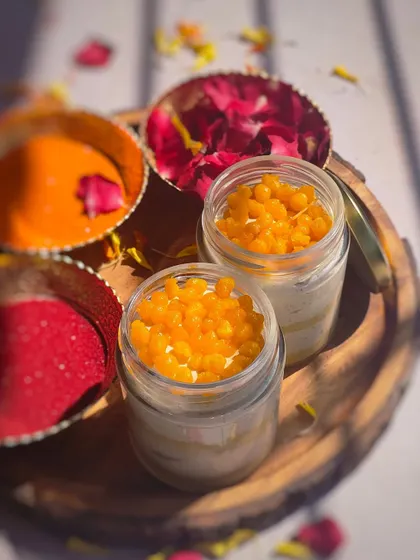 My Thandai Mousse Jars are a light and airy dessert for Holi. The mousse is layered with cake and topped with boondi for a delightful crunch.