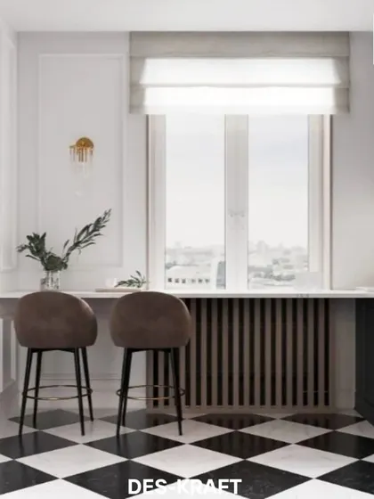 This kitchen features a charming breakfast bar by the window, perfect for enjoying a morning coffee with a city view. The checkered floor adds a touch of Parisian bistro style.