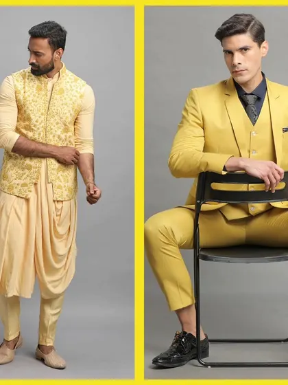 A yellow dhoti-kurta with an embroidered bandi and a bold yellow suit. Our pre-loved collection has something for every man and every occasion.