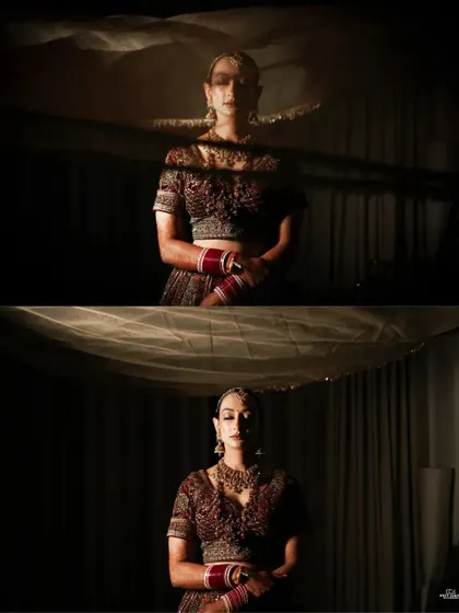A dramatic bridal portrait using a veil and shadows. The two-panel shot shows the contrast and mood we can create with lighting.