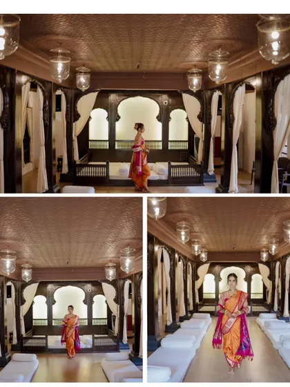 A collage showcasing the bride's elegance in a traditional Paithani saree, captured in a stunning, architecturally rich setting.