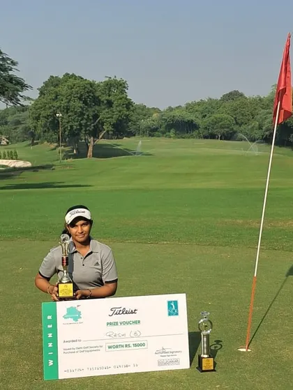 Rashi poses on the green with her trophies after a dominant win in the B Category at the NCR Cup 17th Junior & Amateur Golf Tournament, where she won by 13 strokes.