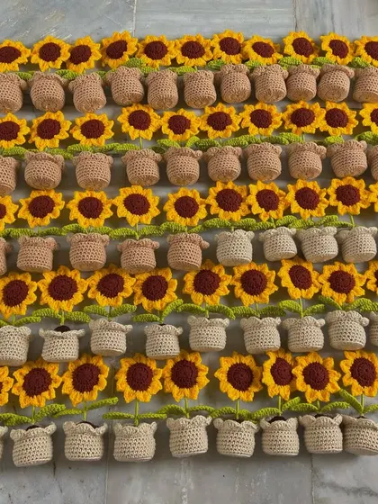 A large batch of my cheerful potted sunflowers, neatly arranged to show the scale I can produce for wholesale buyers. Each plant comes in its own handmade crochet pot.