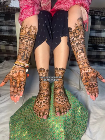 A complete bridal set, with story-based mehndi on the hands and matching traditional patterns on the feet.