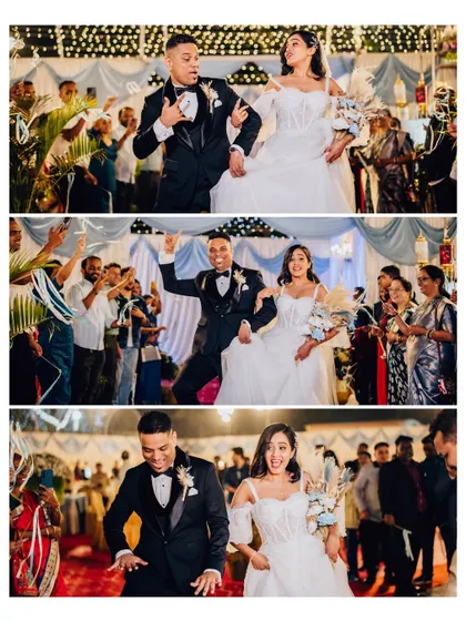 A collage of the couple's energetic reception entrance. These shots document their grand arrival and the excitement of the guests.