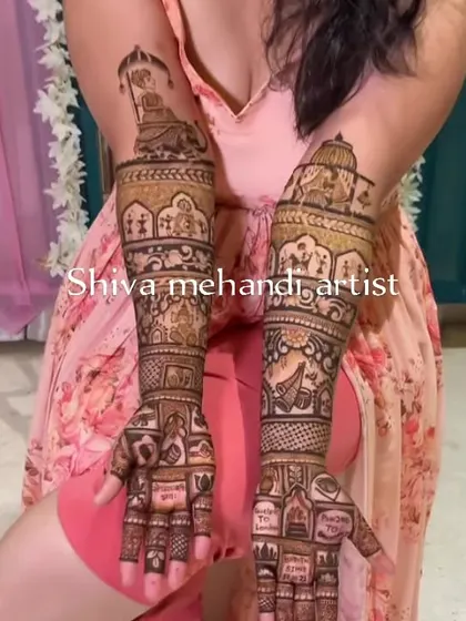 This design tells a story with multiple scenes, including a doli ceremony and portraits of the couple. It's a comprehensive narrative of the wedding day on the bride's arms.