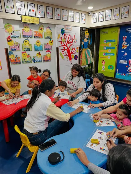 A full classroom with multiple groups engaged in different activities shows the dynamic and interactive nature of our sessions. We ensure every child is involved and learning at their own pace.