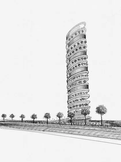 This is a conceptual sketch for the 'Bollywood Tower,' an entry for an international competition. The design imagines a vertical street that embodies the 'Navarasa' or nine emotions of Indian aesthetics, showcasing my interest in theoretical and ambitious architecture.