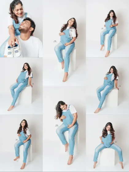 A collage of fun and candid moments from a casual studio session. Wearing simple denim overalls is a cute and comfortable option for a relaxed maternity shoot.