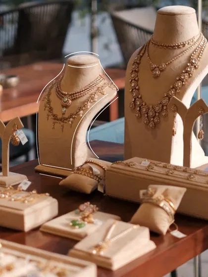 Our couture-inspired necklaces on display at our exclusive viewing at Asper, Gurgaon. Each setup is designed to tell a story of elegance and conscious craftsmanship.