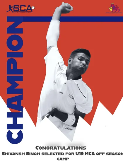A champion in the making. This graphic celebrates Shivansh Singh's selection for the U-19 MCA off-season camp, a key step for any aspiring fast bowler.