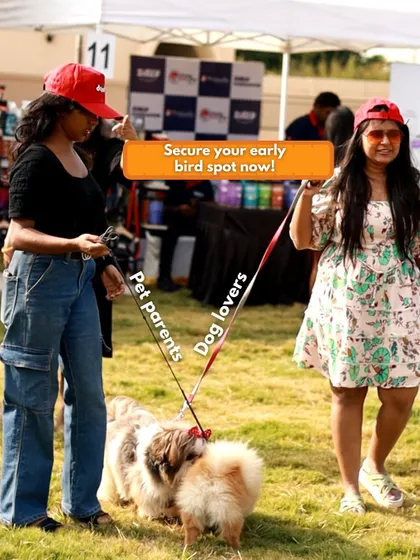 Pet parents and their dogs mingling at our outdoor event. We always offer early bird tickets, so make sure to book your spot in advance!