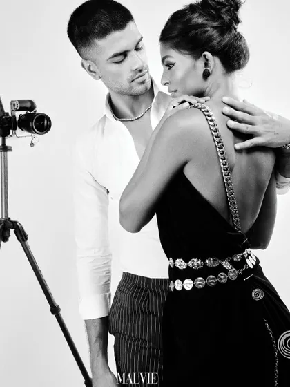 A black and white shot from a couples editorial in Malvie Magazine, creating a timeless, romantic mood.