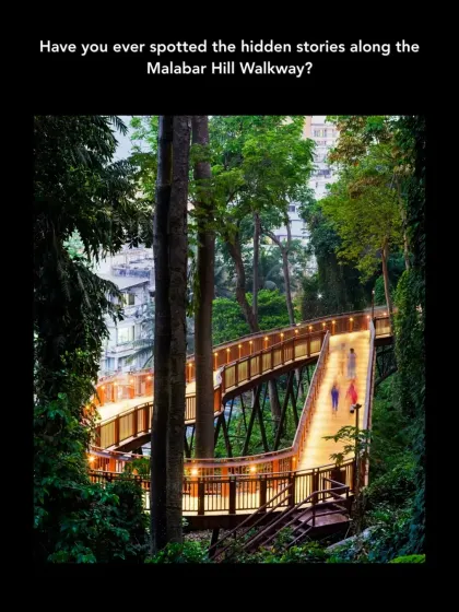 The Malabar Hill Walkway at night, with integrated lighting that highlights its elegant form. The project tells a hidden story of Mumbai's wilderness, turning a simple stroll into an encounter with nature.