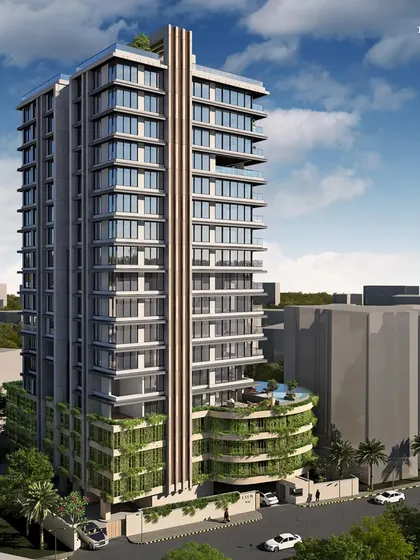 An aerial perspective of the Khar residential tower. This view highlights the well-planned layouts and seamless integration of greenery, offering a glimpse into the thoughtful amenities designed for this luxury redevelopment.