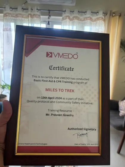 This certificate from VMEDO for Basic First Aid & CPR training is a testament to our commitment. We regularly update our skills to ensure we are prepared for any situation.
