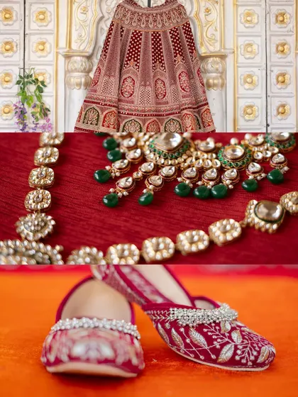 A detailed collage of the bride's wedding attire, featuring her lehenga skirt, ornate necklace, and embroidered shoes (juttis).