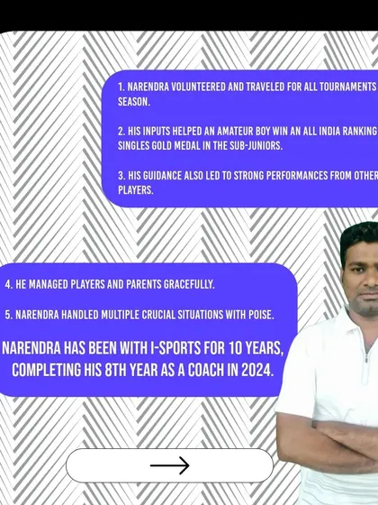 A swipeable post detailing why Coach Narendra won Coach of the Month, from his tournament support to his graceful management of players and parents.