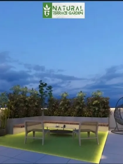 A wider view of the proposed Janakpuri terrace, showing the balance between the open tiled area, the green seating nook, and swing chairs for relaxation.