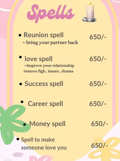 A clear menu of some of my most effective spells, including reunion, love, success, and money spells, all for 650 Rs. I can help you bring your partner back or improve your financial situation.