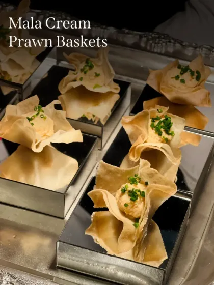 Mala Cream Prawn Baskets. Crispy wonton cups hold a creamy, slightly numbing Mala-spiced prawn filling.