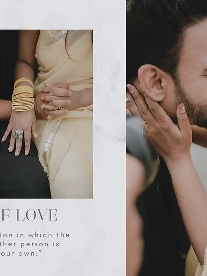 A collage that focuses on the intimate and tender moments of the shoot. The design, with its soft textures and romantic quotes, beautifully complements the emotional close-ups.