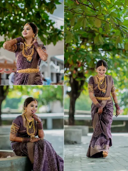 A collage of a beautiful bride in a purple silk saree, showcasing her elegance and joy on her wedding day.