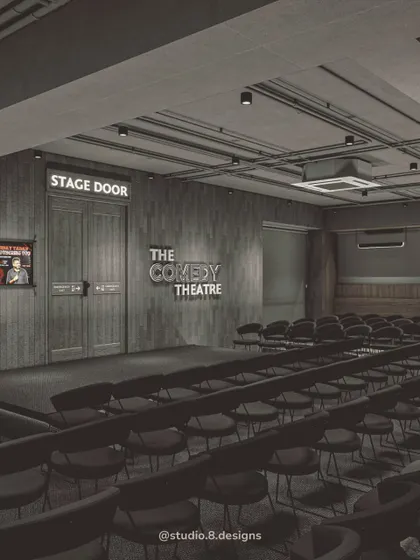 A glimpse into The Comedy Theatre, a unique venue we designed to blend the intimacy of a comedy club with the relaxed vibe of a café. The moody, raw interiors are balanced with warm lighting to ensure the focus is always on the performance.