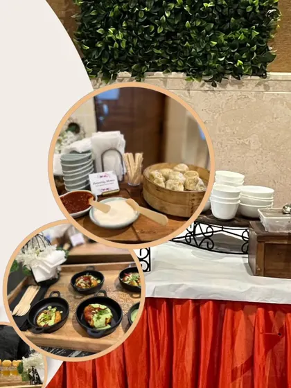 A collage showcasing our "Chaat Fiesta" setup, featuring Palak Patta Chaat, Darjeeling Momos, and other street food favorites, perfect for a lively and flavorful event.