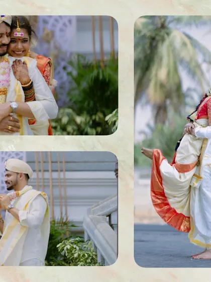 A fun and joyful collage from a South Indian wedding. The groom lifting the bride and their shared laughter show the playful and happy spirit of their relationship.