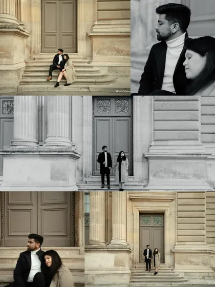 A series of black and white portraits against the classic architecture of Paris. This collage highlights the timeless, elegant, and moody side of a European elopement.