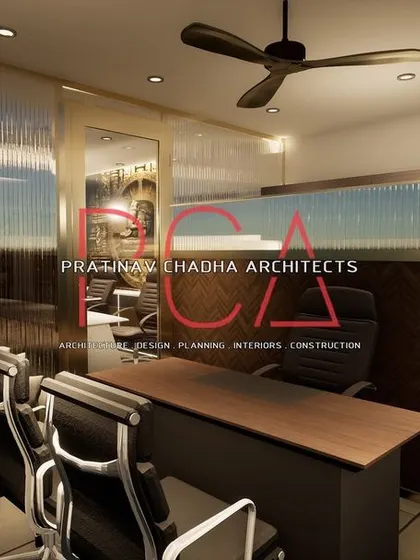 A 3D render of a cabin in the Hari Mandir office, visualizing the use of fluted glass partitions, a comfortable seating area, and modern workstations.